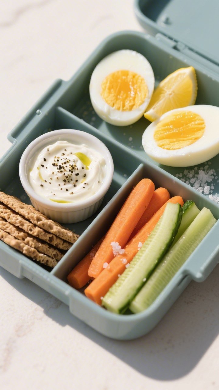 Overhead snack box composition: compartmentalized container with two halved hard-boiled eggs, a small ramekin of Greek yogurt-Dijon-lemon-garlic dip (speckled with black pepper), baby carrots, cucumber sticks, and whole-grain crackers; a lemon wedge tucked in, salt flakes scattered; crisp, colorful, meal-prep friendly presentation with bright natural light.