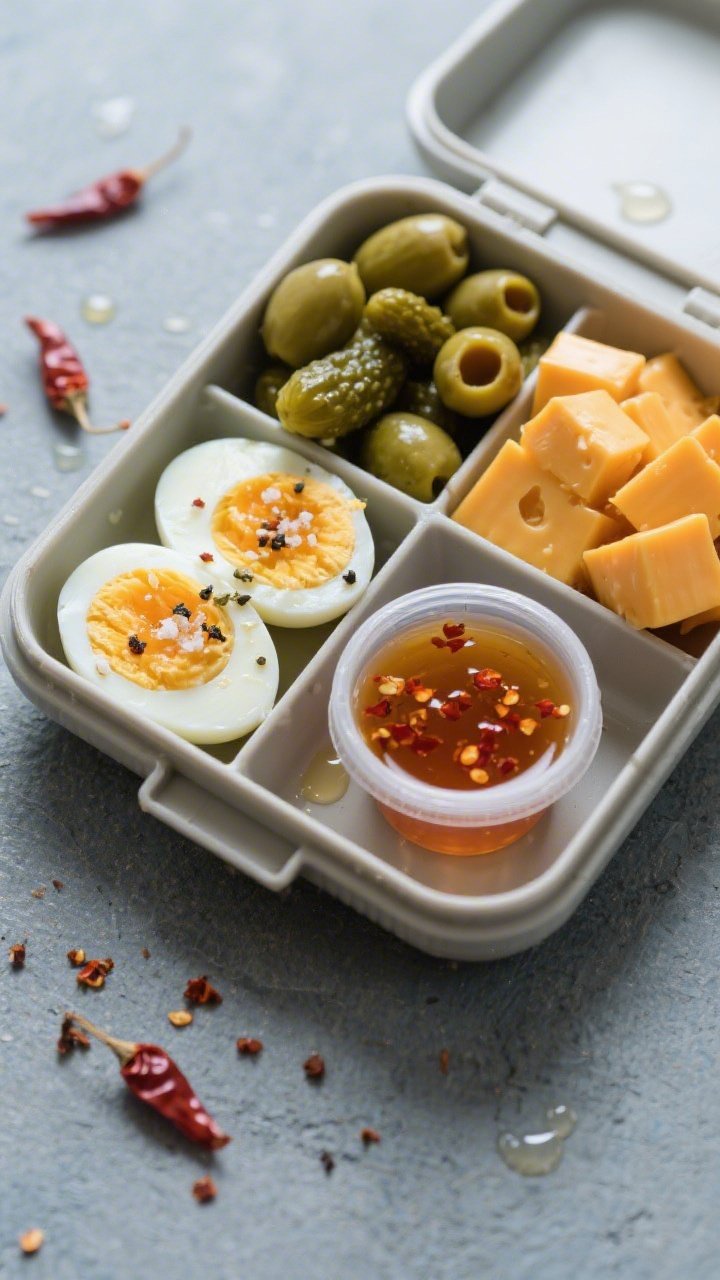 Overhead snack box layout: a compartmentalized lunch container with halved hard-boiled eggs sprinkled with salt and pepper, mini pickles (gherkins), a cluster of olives, cubed sharp cheddar/pepper jack, and a small lidded cup of hot honey (or honey with visible chili flakes); a few chili flakes and pickle brine droplets add gloss; cool-toned surface for contrast.