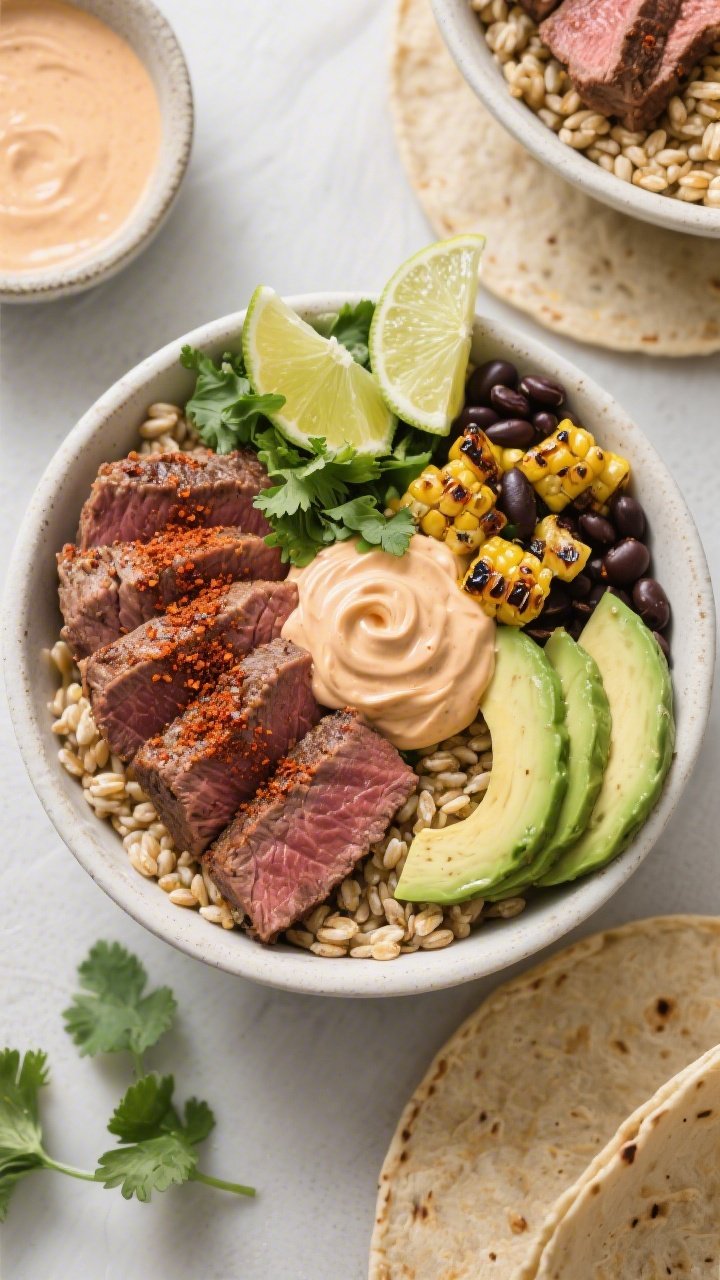 Overhead steak and farro burrito bowls: sliced medium-rare flank steak seasoned with chili powder, cumin, salt, black pepper; beds of pearled farro; pinto or black beans; charred corn; avocado slices; chipotle yogurt swirl; lime wedges and chopped cilantro; modern, clean styling.