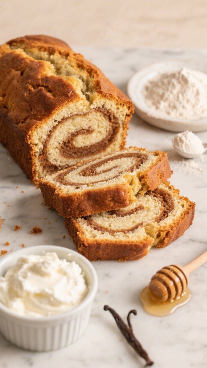 Overhead swirl detail of Cottage Cheese Banana Bread with Cinnamon Swirl: loaf partially sliced to reveal a dramatic cinnamon ribbon; small-curd cottage cheese in a ramekin (some blended smooth), honey dipper with sticky drips, vanilla extract, all-purpose flour, and a scoop of vanilla protein powder styled neatly; warm neutral tones, marble surface, tight composition that highlights the swirl pattern.
