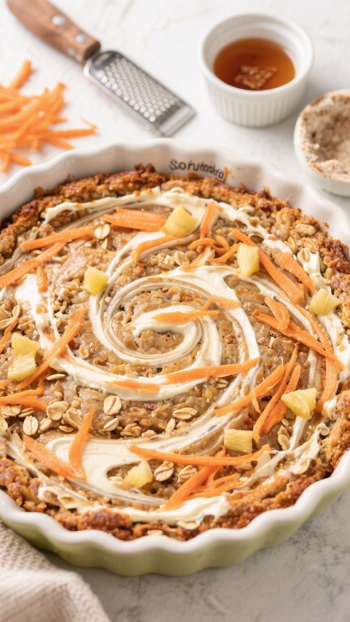 Overhead swirl shot of carrot cake morning oat bake in a round baking dish, finely grated carrot threads and crushed pineapple bits visible; dramatic maple cream cheese swirl marbled across the surface; props: a microplane with carrot shavings, a ramekin of maple syrup, and a small bowl labeled sourdough discard; bright yet cozy styling, crisp detail.