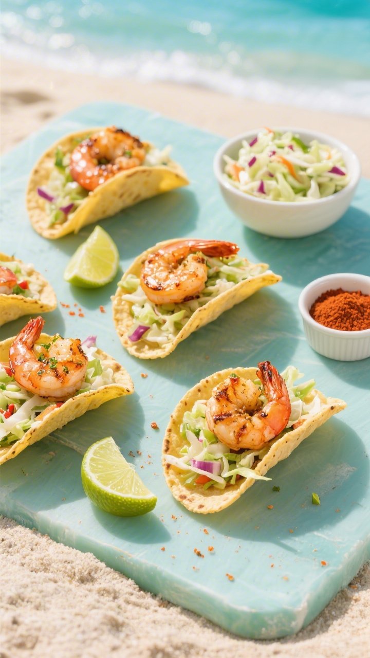 Overhead taco spread: chili-lime shrimp with light char, nestled in small corn tortillas, topped with crunchy slaw; shrimp seasoned with chili powder, cumin, smoked paprika, salt, and lime zest; lime wedges, a small bowl of slaw, and a ramekin of chili powder nearby; vibrant beachy mood.