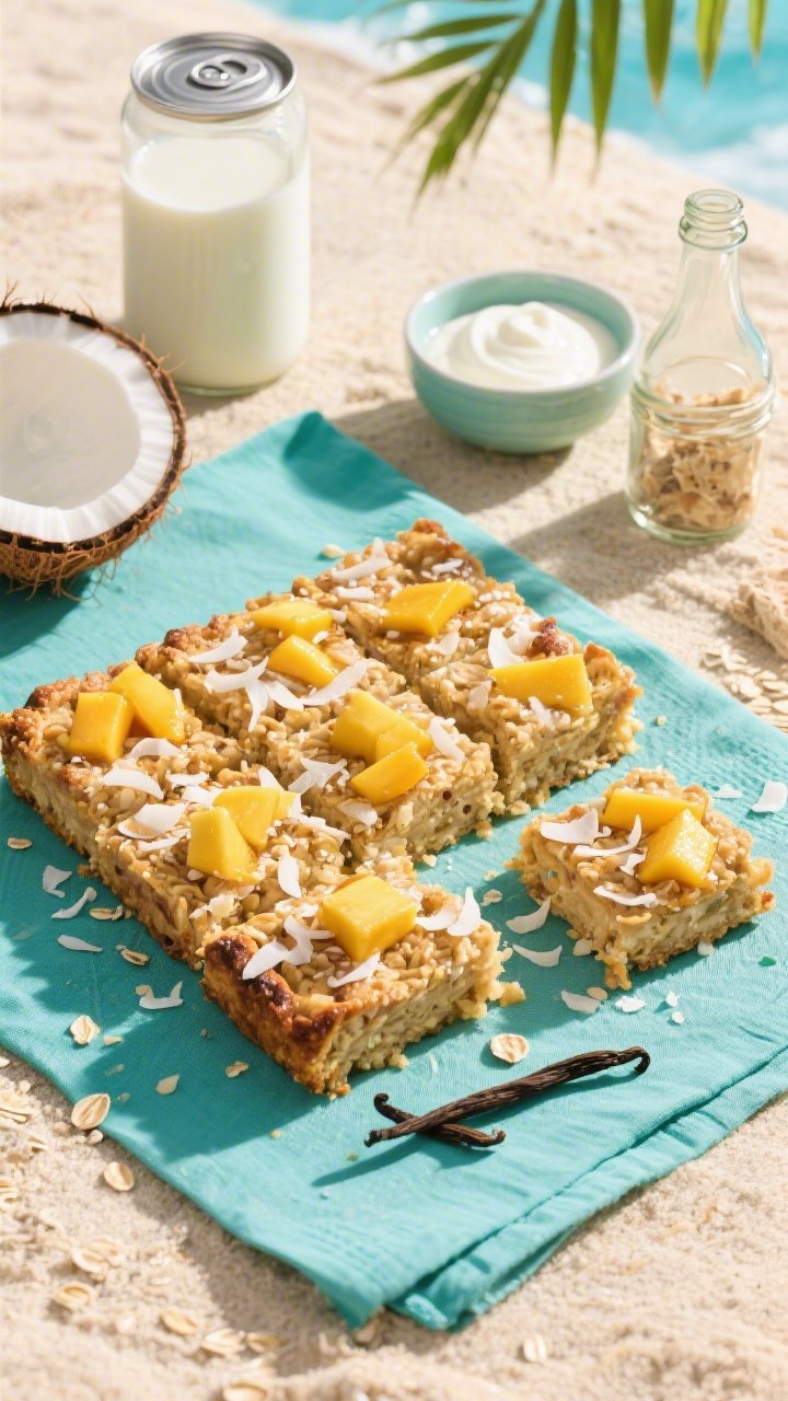 Overhead tropical flat lay: mango coconut oatmeal bake cut into squares, juicy mango cubes and shredded coconut on top, slight sheen of honey; coconut milk can (light) opened, small bowl of plain yogurt, vanilla bottle, and jar of sourdough discard arranged neatly; bright, beachy palette with teal napkin and sunlit highlights.