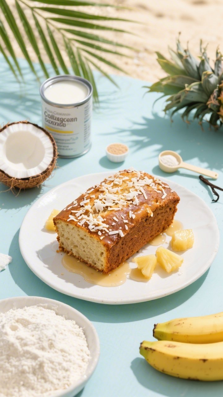 Overhead tropical presentation of Coconut Banana Bread with Collagen Boost: loaf topped with toasted shredded coconut, a few pineapple chunks scattered around (if used), and a light honey glaze; ingredients set around—canned light coconut milk (open, shaken), collagen peptides scoop, vanilla extract, all-purpose flour, ripe bananas; bright, sunny beachy vibe with palm-leaf prop and white ceramic plateware.