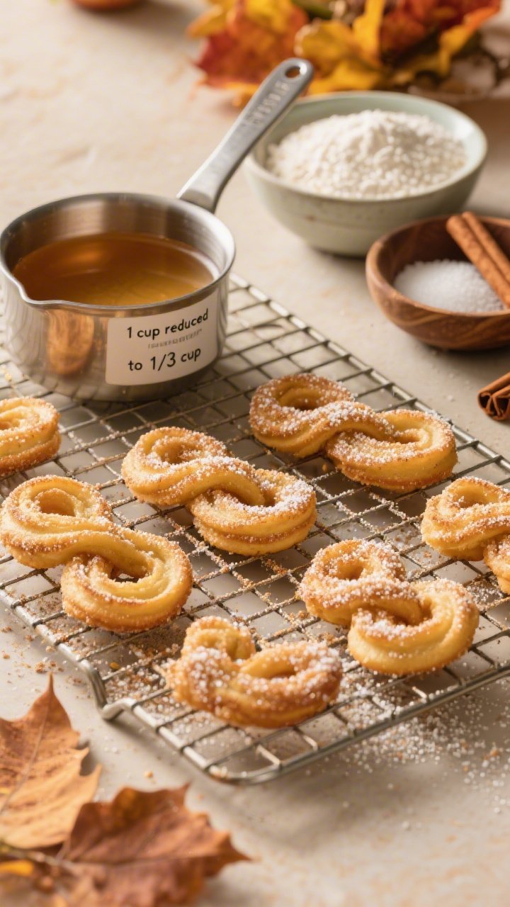 Process shot, straight-on, of apple cider crullers being dusted with spiced sugar on a cooling rack; visible twisted shapes, golden and delicate; a small saucepan of reduced apple cider (labeled “1 cup reduced to 1/3 cup”) nearby; bowls of sweet rice flour, tapioca starch, sugar, baking powder, salt, and ground cinnamon; warm autumn color palette, soft backlight catching the sugar sparkle, evokes peak fall.