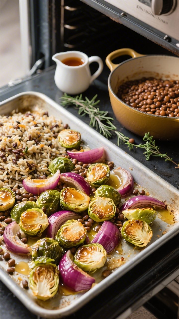 Sheet-pan ingredient-to-oven scene for maple-Dijon roasted Brussels, lentil and wild rice bake: halved Brussels sprouts and red onion wedges tossed in olive oil, maple syrup and Dijon, ready to roast beside a bowl of cooked wild rice blend and a pot of simmered brown lentils; small pitcher of extra maple-Dijon glaze, thyme sprigs scattered, crisp, natural light emphasizing caramelization-ready surfaces.