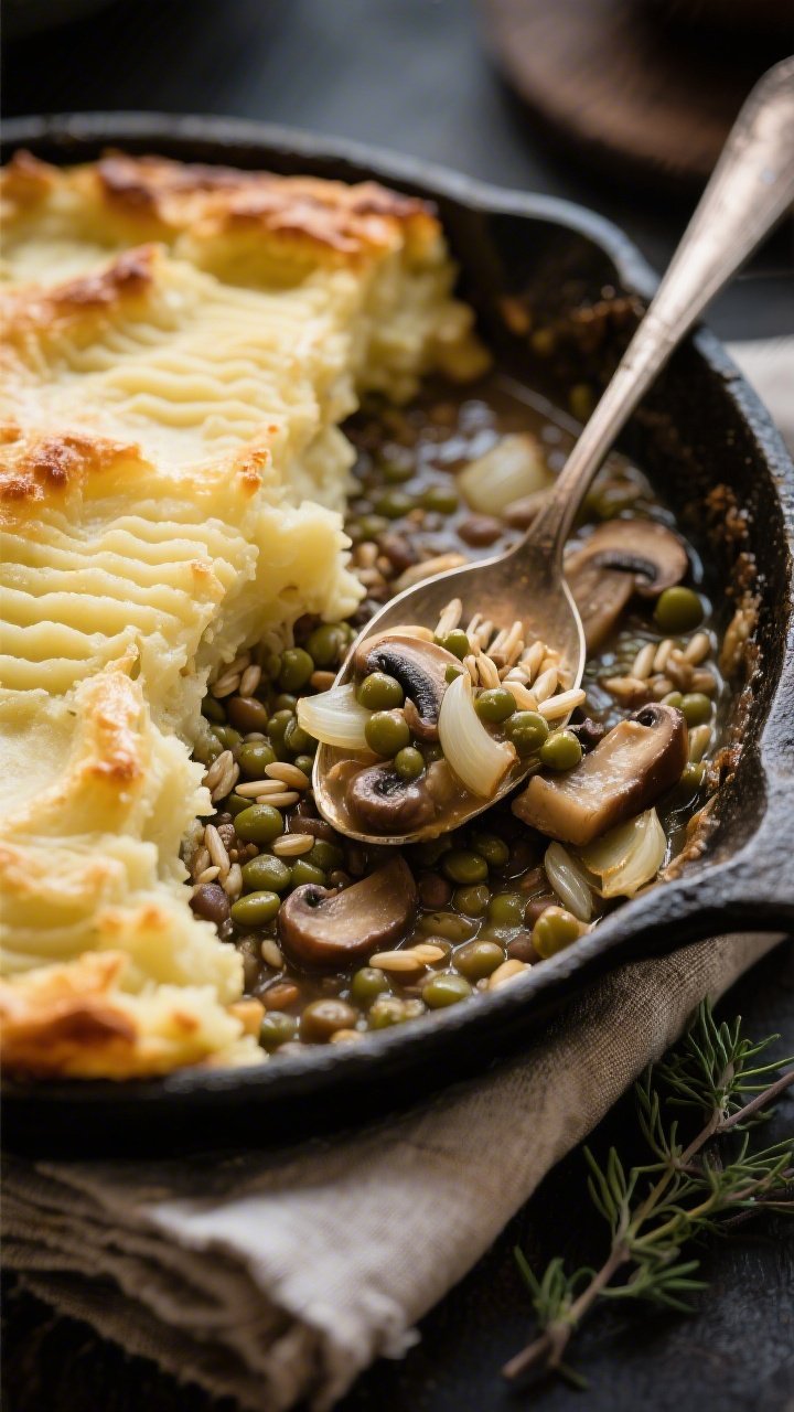 Straight-on, 45-degree angle of a hearty lentil, mushroom and barley shepherd’s pie in a cast-iron skillet: a deeply savory base of green/brown lentils, pearl barley, sautéed onions, garlic and mushrooms in rich vegetable broth, topped with a golden-brown mashed potato crust ridged with a fork; a serving spoon revealing the saucy lentil-mushroom filling, moody light with a linen napkin and thyme sprigs nearby.