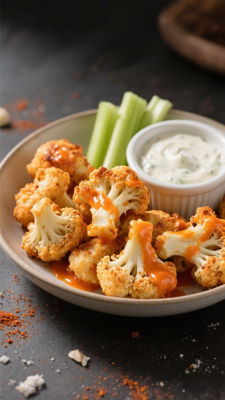 Straight-on action-esque plated scene of crispy baked Buffalo cauliflower bites: medium cauliflower florets coated in a light flour-cornstarch batter seasoned with garlic powder, paprika, and kosher salt, baked to craggy crispness then glazed in vibrant orange Buffalo sauce; served in a shallow bowl with cool ranch in a ramekin, celery sticks nearby; sauce glistening under directional light.