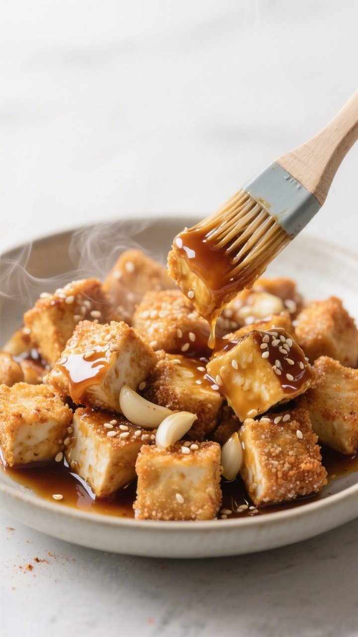 Straight-on action shot of air fryer tofu nuggets being glazed: crisp, golden 1-inch tofu cubes with a cornstarch crust, seasoned with garlic and onion powder, tossed in a glossy sticky soy-maple glaze; a small brush drizzling glaze over nuggets in a shallow bowl, sesame seeds sprinkled on top, steam hints rising; clean background emphasizing crunch and shine.