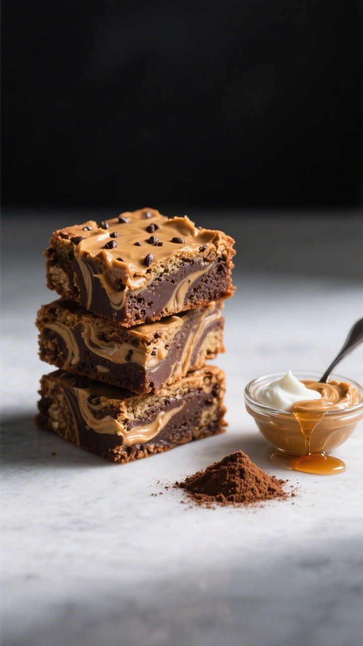 Straight-on bar stack of Espresso Peanut Butter Banana Bread Bars: neat squares stacked with visible peanut butter swirls and speckles of instant espresso; small glass bowl of creamy peanut butter, instant espresso powder mound with a tiny spoon, Greek yogurt dollop, and a drizzle of maple syrup nearby; modern minimal backdrop, high-contrast lighting to highlight edges and fudgy interior.