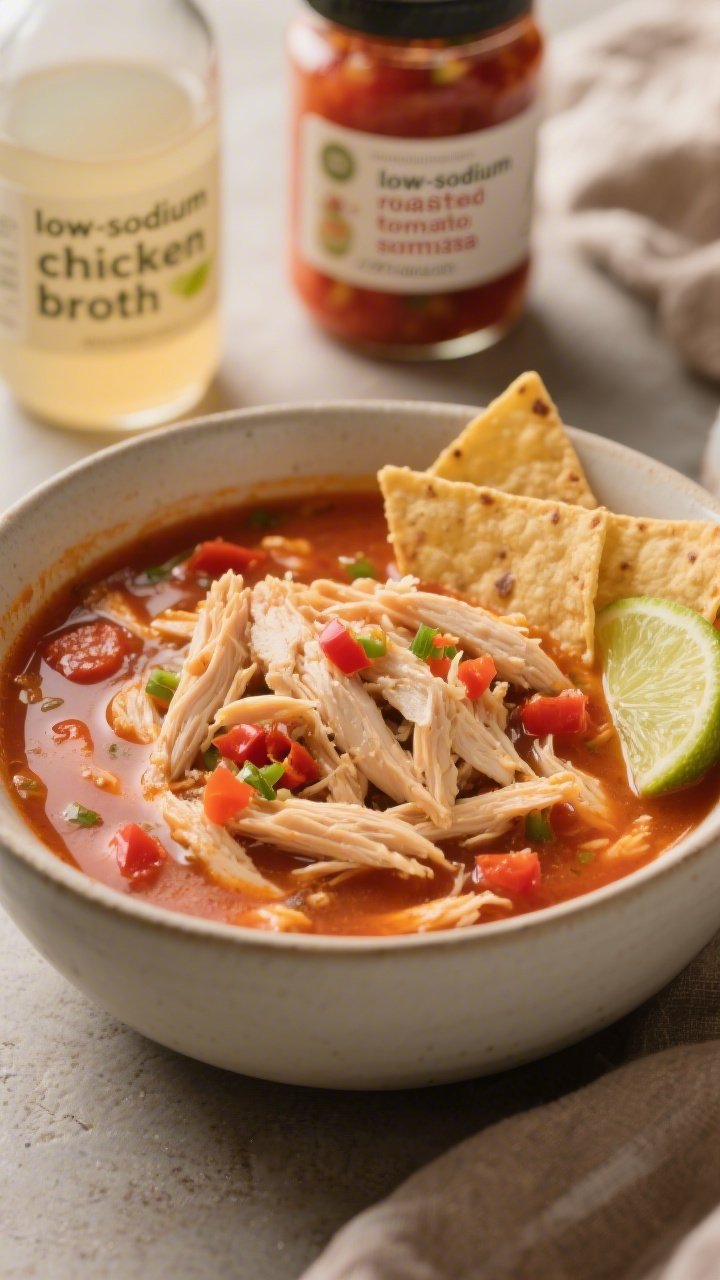 Straight-on bowl shot of rotisserie chicken tortilla soup: deep bowl filled with shredded rotisserie chicken in a tomato-tinted broth from chicken stock and salsa, visible tomato and chile flecks; garnished with a few crispy tortilla strips and lime wedge on the side (styling), with jars labeled “low-sodium chicken broth” and “roasted tomato salsa” blurred in the background; cozy, homey vibe.