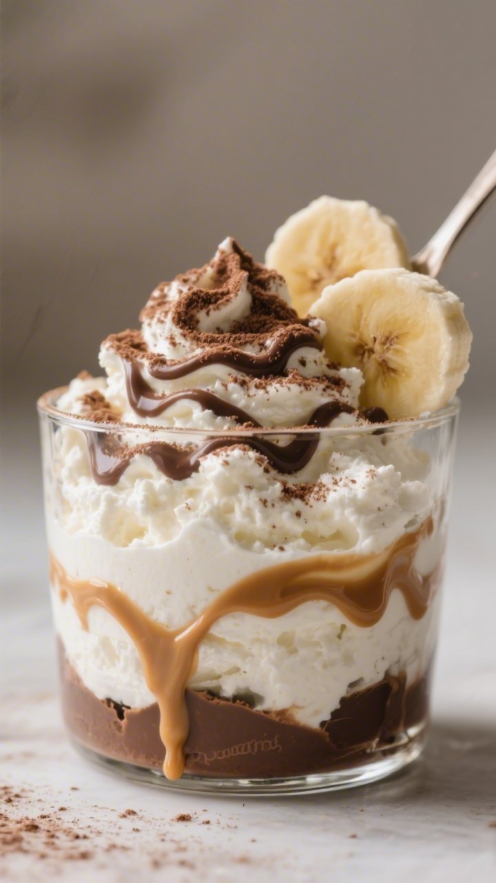 Straight-on close-up of cottage cheese “pudding”: whipped cottage cheese blended with cocoa powder, maple syrup, and vanilla, spooned into a glass; topped with neat banana slices and a drizzle of peanut butter ribboning down the sides; dusting of cocoa on top; creamy, chocolaty swirls in sharp focus, blurred neutral background.