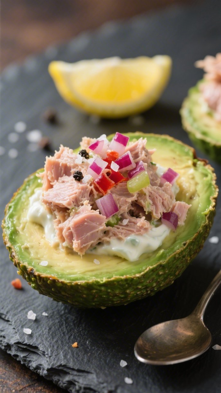 Straight-on close-up of tuna avocado crunch cups: halved avocado filled with a creamy tuna mix (tuna, Greek yogurt or mayo, Dijon, lemon juice, finely chopped red onion), topped with extra red onion for bite; sea salt flakes and black pepper on top, lemon wedge and tiny spoon nearby; modern slate plate, sharp focus on textures, vibrant green avocado and pinkish tuna contrast.