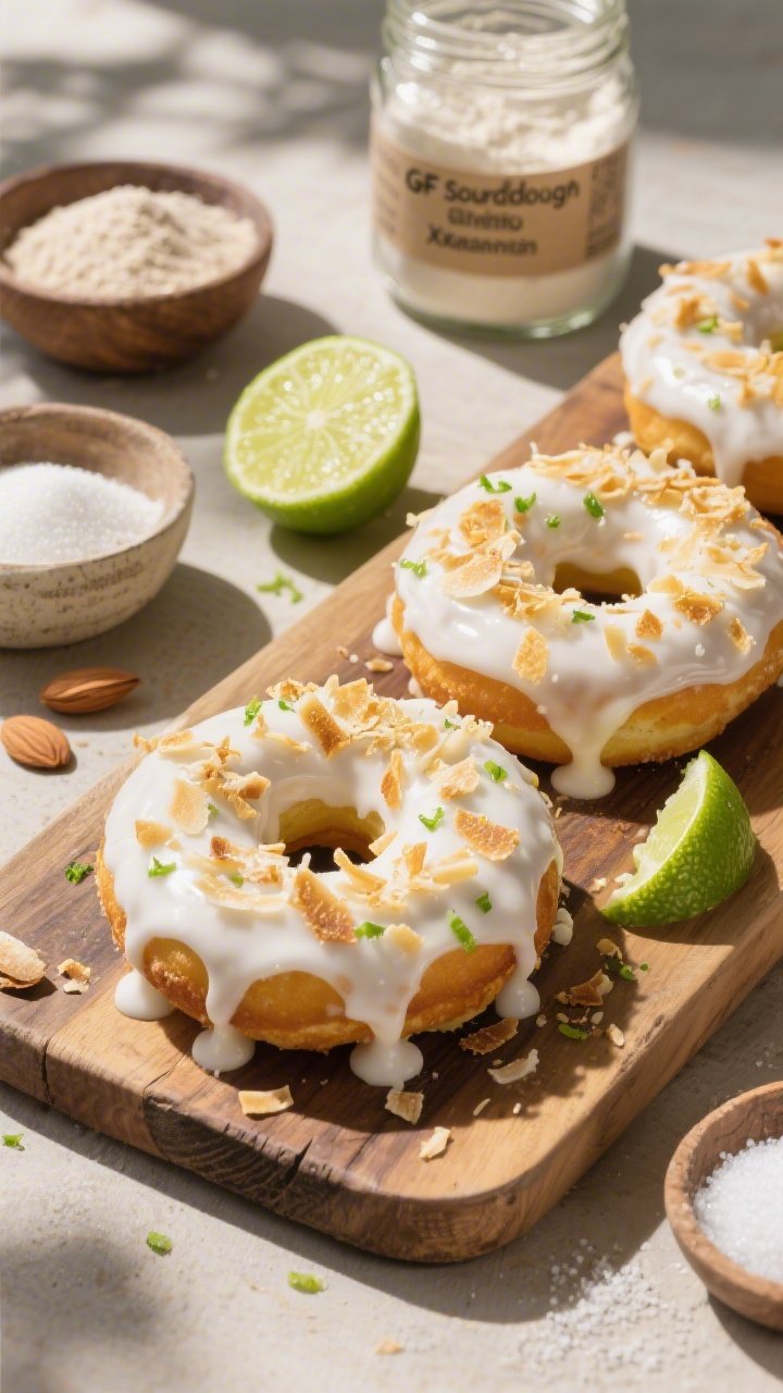 Straight-on composition of toasted coconut-lime doughnuts on a rustic wooden board, thick creamy coconut glaze cascading and topped with golden toasted coconut flakes and bright lime zest; supporting elements: a halved lime, a bowl of almond flour, jars labeled GF sourdough discard and GF all-purpose flour with xanthan, plus sugar, baking powder, baking soda, and salt; tropical, sunlit ambiance with creamy whites and vibrant green pops.