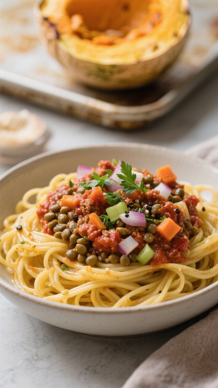 Straight-on cozy bowl of lentil Bolognese over roasted spaghetti squash: golden strands piled high, smothered in rich tomato-lentil sauce with finely diced onion, carrot, celery, and garlic; olive oil gloss; cracked pepper and parsley on top; roasting sheet with halved squash blurred in background.