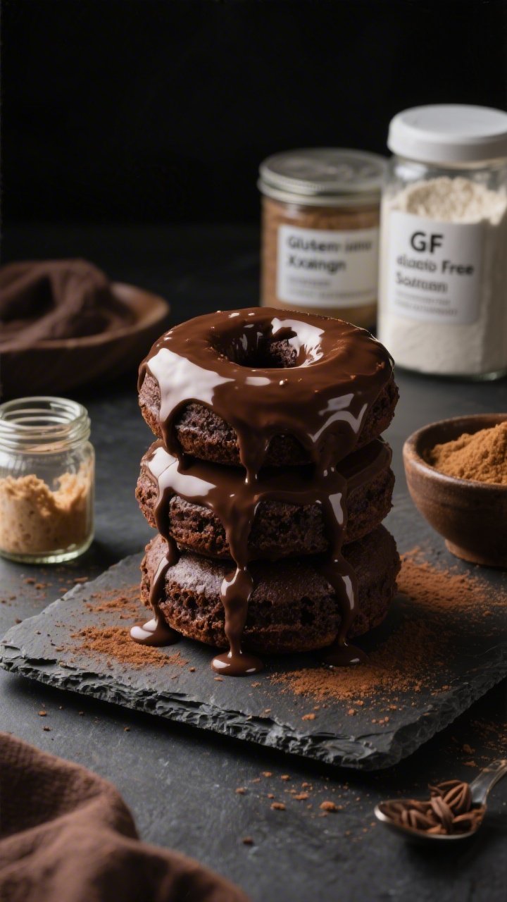 Straight-on hero shot of chocolate cake doughnuts stacked on a slate board, draped with a glossy espresso glaze that drips down the sides; deep cocoa color from Dutch-process cocoa, sprinkled lightly with espresso powder; props include a small jar of gluten-free sourdough discard, a bowl of brown sugar, and containers labeled GF all-purpose flour with xanthan, baking powder, baking soda; moody low-key lighting highlighting the rich, businesslike intensity.