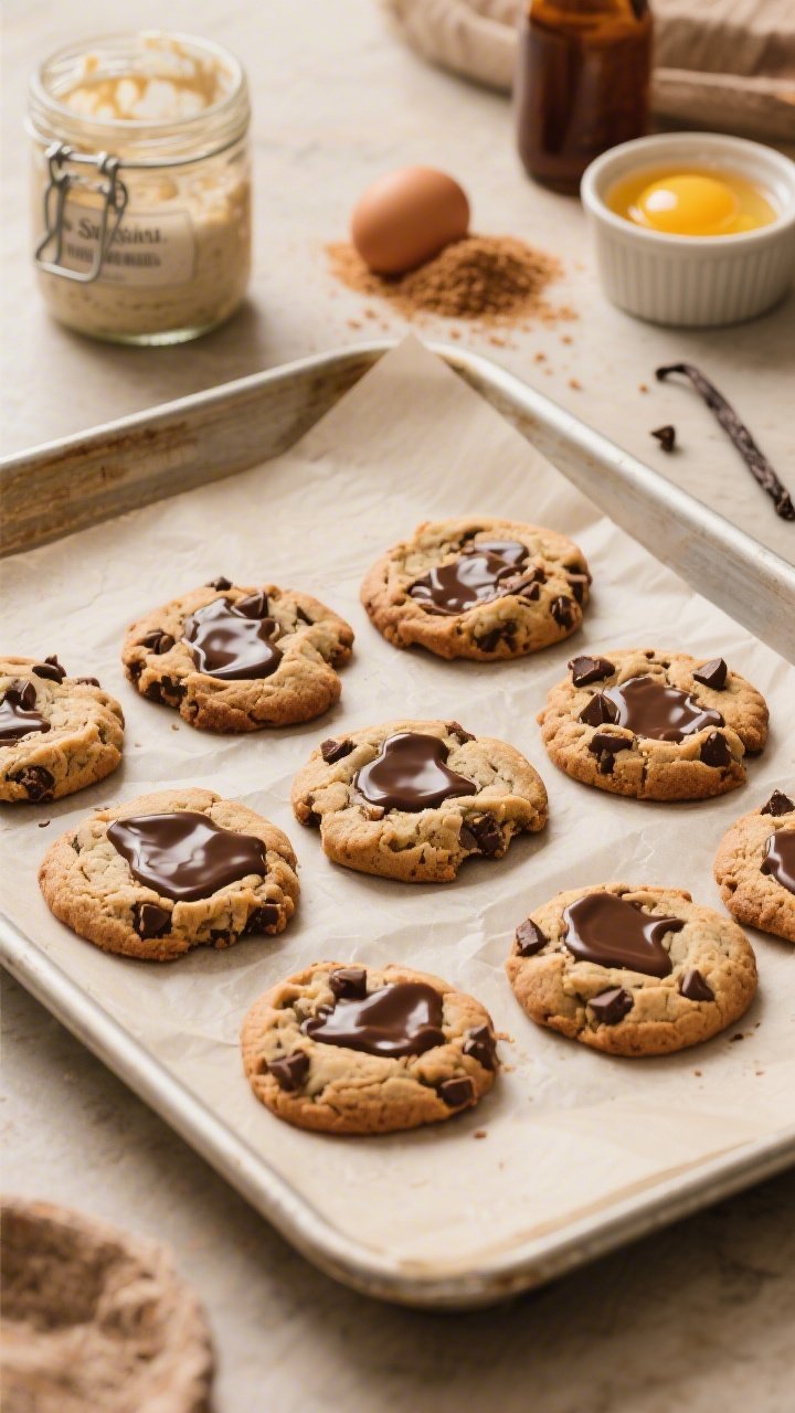 Straight-on hero shot of sourdough chocolate chip cookies on a parchment-lined sheet pan, centers slightly sunken and glossy with melted chocolate puddles, edges chewy; include a small jar of sourdough discard, a bowl with melted butter, brown and granulated sugar scattered, vanilla bottle and a lone egg yolk in a ramekin; warm, cozy bakery vibe.