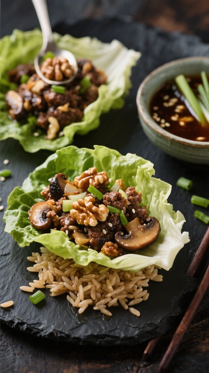 Straight-on lettuce wraps assembly shot: walnut-mushroom “meat” (finely chopped cremini mushrooms and walnuts sautéed with onion and garlic in sesame oil) spooned into crisp lettuce cups, with warm cooked brown rice layered beneath; a small bowl of savory sauce on the side, a few green onions sprinkled; glossy, umami-rich filling contrasts with fresh, cool greens; presented on a dark slate platter for drama.