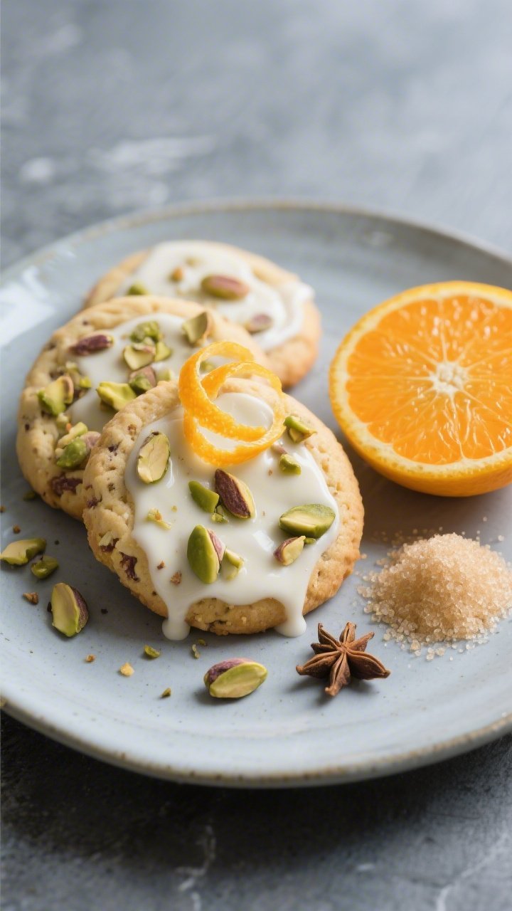 Straight-on plated cookies with orange cardamom pistachio flair: cookies studded with chopped pistachios, lightly speckled with cardamom; a thin yogurt glaze drizzled over, catching light; garnishes include orange zest curls, a halved orange, a small mound of cane sugar, and a cardamom pod scatter; elegant ceramic plate on a cool slate surface for contrast.