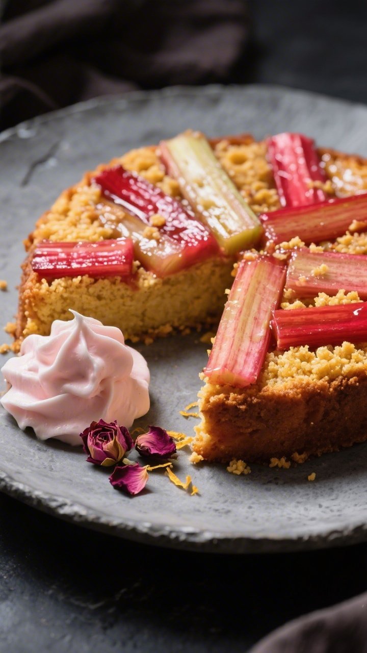 Straight-on plated dessert of upside-down rhubarb cornmeal cake: glossy mosaic of rhubarb on top with golden cornmeal crumb beneath, a generous dollop of softly whipped rosewater cream on the side, a few dried rose petals and zest shavings for accent; slice pulled forward on a matte stone plate, remaining cake in background; moody light to emphasize sheen and texture.