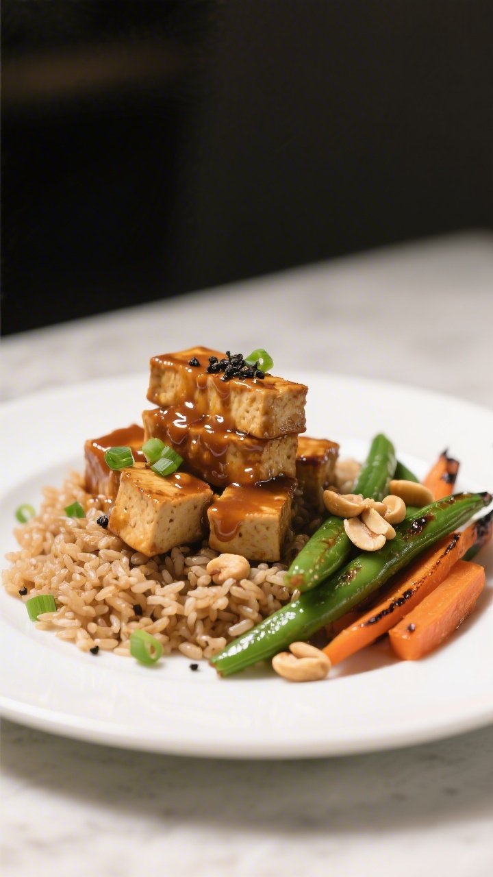 Straight-on plated dinner of saucy peanut tempeh with roasted green beans and carrots: 1/2-inch tempeh cubes lacquered in a rich peanut sauce stacked over a bed of steaming brown rice, alongside charred-tipped green beans and bias-sliced carrots; chopped peanuts and scallions sprinkled over, black pepper visible; clean white plate against a neutral backdrop, glossy, craveable glaze.