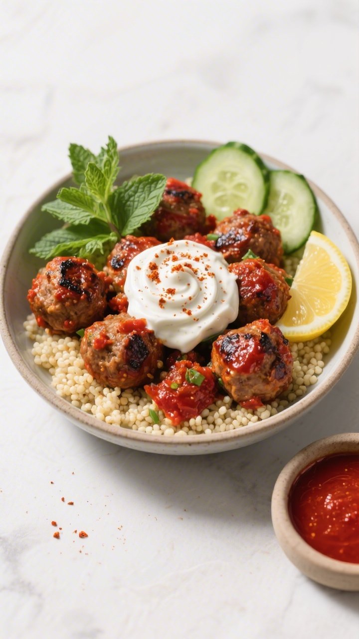 Straight-on plated Harissa Turkey Meatball Bowl: charred, glossy harissa-spiced turkey meatballs piled over fluffy couscous; cooling cucumber-yogurt sauce dolloped and swirled alongside; sprinkle of smoked paprika and cumin, fresh mint and parsley; sliced cucumber accents and a lemon wedge; served in a wide rim bowl with a small bowl of extra harissa nearby; bold red-and-green contrast, clean light.