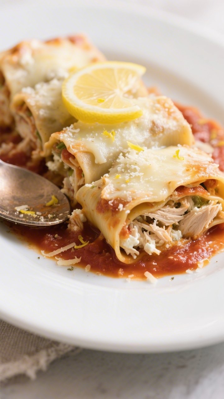Straight-on plated lemon ricotta chicken lasagna rolls: whole-wheat lasagna noodles rolled around a filling of shredded chicken, part-skim ricotta, grated Parmesan, egg, lemon zest and juice, and garlic powder; rolls nestled in a light layer of marinara with more sauce spooned over, lightly browned cheese on top; bright lemon slices and a dusting of Parmesan for garnish; tender, delicate texture in soft natural light.