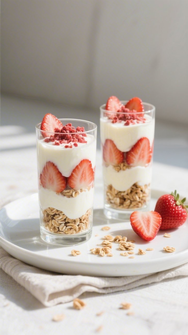 Straight-on plated parfaits in tall clear glasses: layers of silky vanilla Greek yogurt, juicy sliced strawberries, and crunchy low-sugar granola, finished with a sprinkle of crushed freeze-dried strawberries for intense color; set on a white ceramic plate with a linen napkin, a few strawberry slices and granola crumbs artfully scattered, bright, clean daylight for a fresh everyday feel.