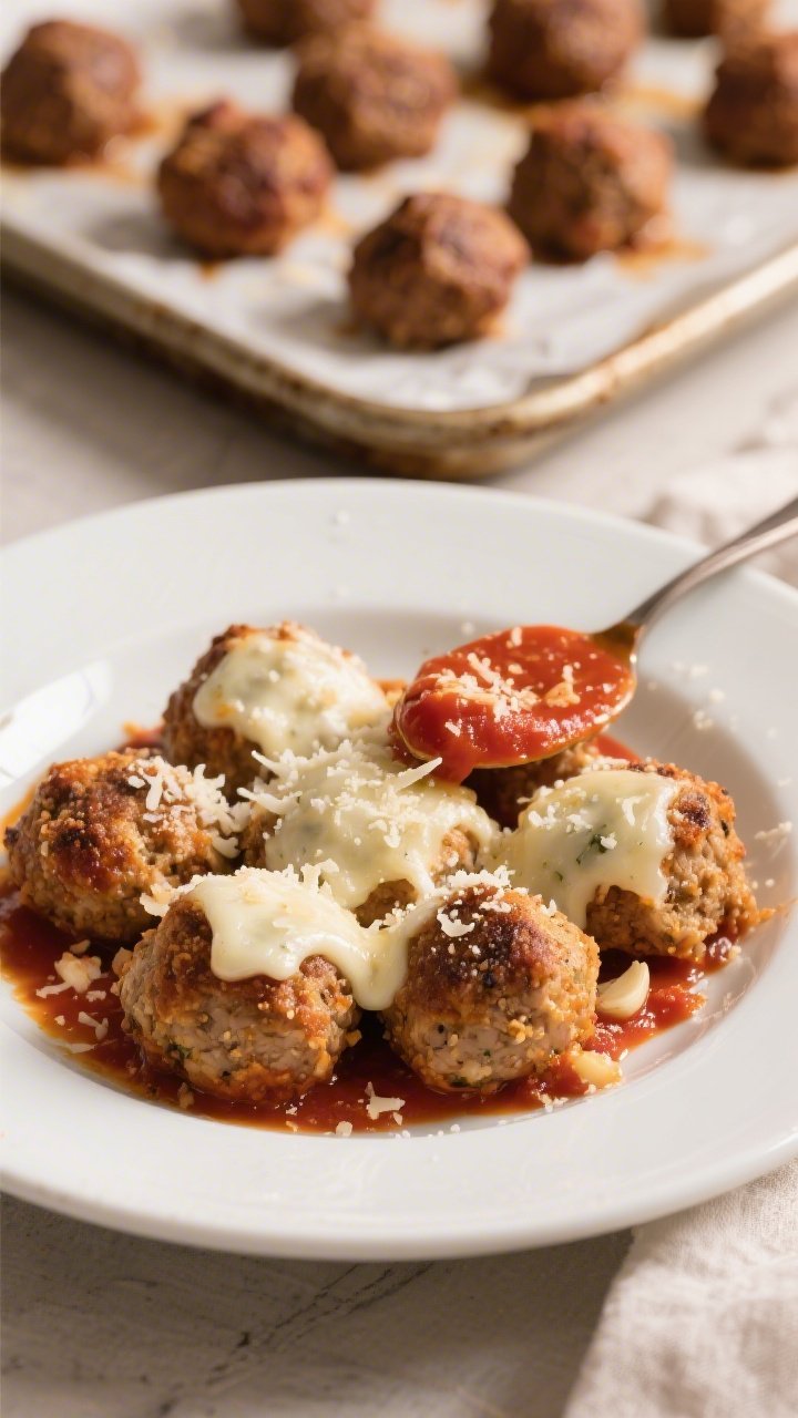 Straight-on plated presentation of baked chicken Parmesan meatballs: browned, Parmesan-studded chicken meatballs with visible flecks of garlic and whole-wheat breadcrumbs, topped with melted part-skim mozzarella and a spooned-on bright marinara, sprinkled with extra grated Parmesan; served on a shallow white bowl over a light smear of sauce, a tray of additional meatballs on parchment in the background; warm, cozy Italian vibe, crisp detail on crusty edges and cheese melt.