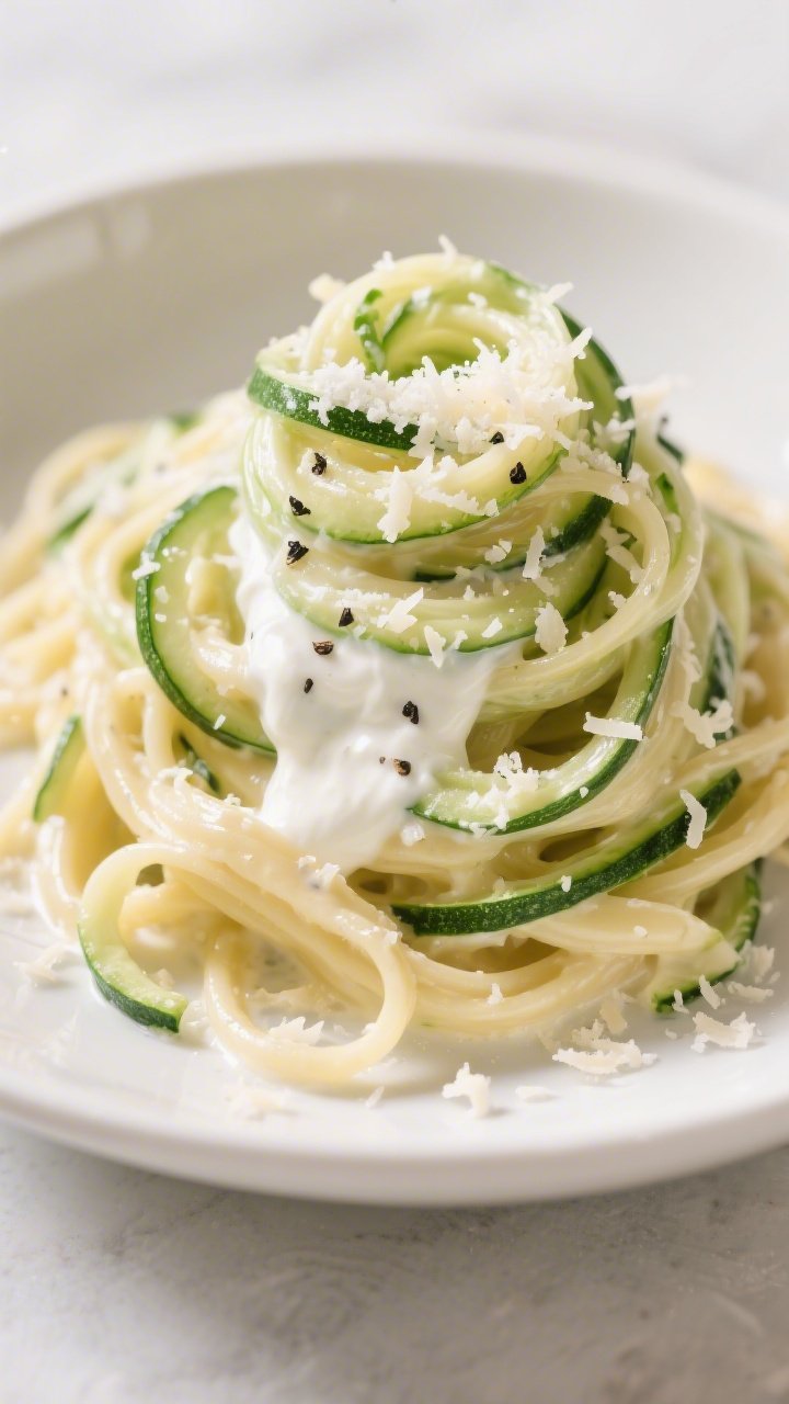 Straight-on plated presentation of Greek yogurt Alfredo with zoodles: glossy zucchini noodles twirled high in a shallow pasta bowl, coated in a velvety Greek yogurt and finely grated Parmesan sauce, strands glistening without excess liquid; micro-grated Parmesan snowfall on top, black pepper specks; bright, fresh lighting to emphasize creaminess and green vibrance.