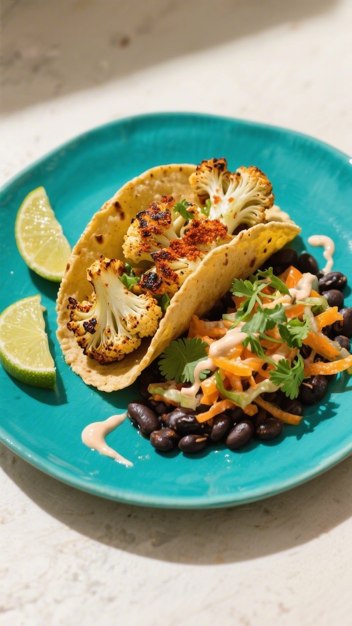 Straight-on plated Roasted Cauliflower Tacos: charred cauliflower florets seasoned with chili powder, smoked paprika, ground cumin, and kosher salt tucked into warm corn tortillas; black beans spooned underneath, a vibrant citrus slaw piled high with lime wedges on the side; micro-cilantro garnish and a light crema streak; bright, punchy colors against a turquoise ceramic plate, soft natural light from the side for appetizing shadows.