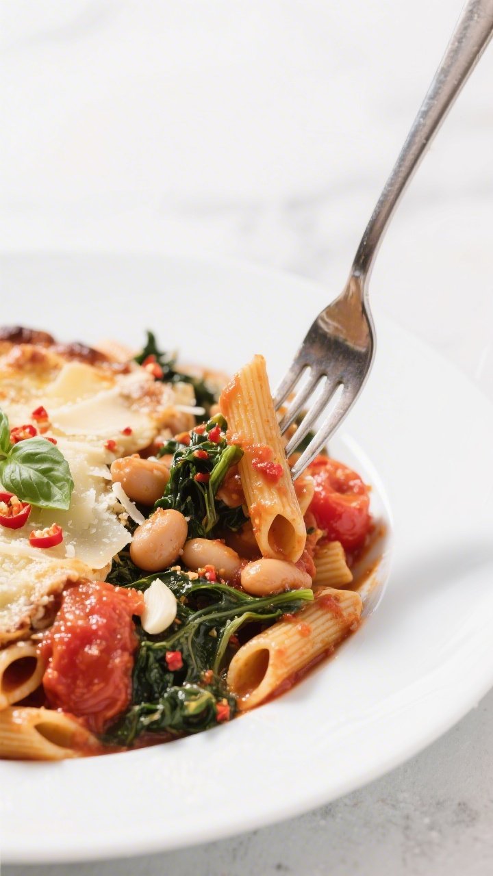 Straight-on plated serving of zesty tomato, kale and whole-wheat pasta bake with butter beans: whole-wheat penne coated in bright marinara with garlic and a pinch of red pepper flakes, ribbons of wilted kale, plump butter beans, and a gratinéed top with parmesan; a fork twirling pasta, flecks of basil and chili visible, vibrant reds and greens against a white plate for maximum contrast.