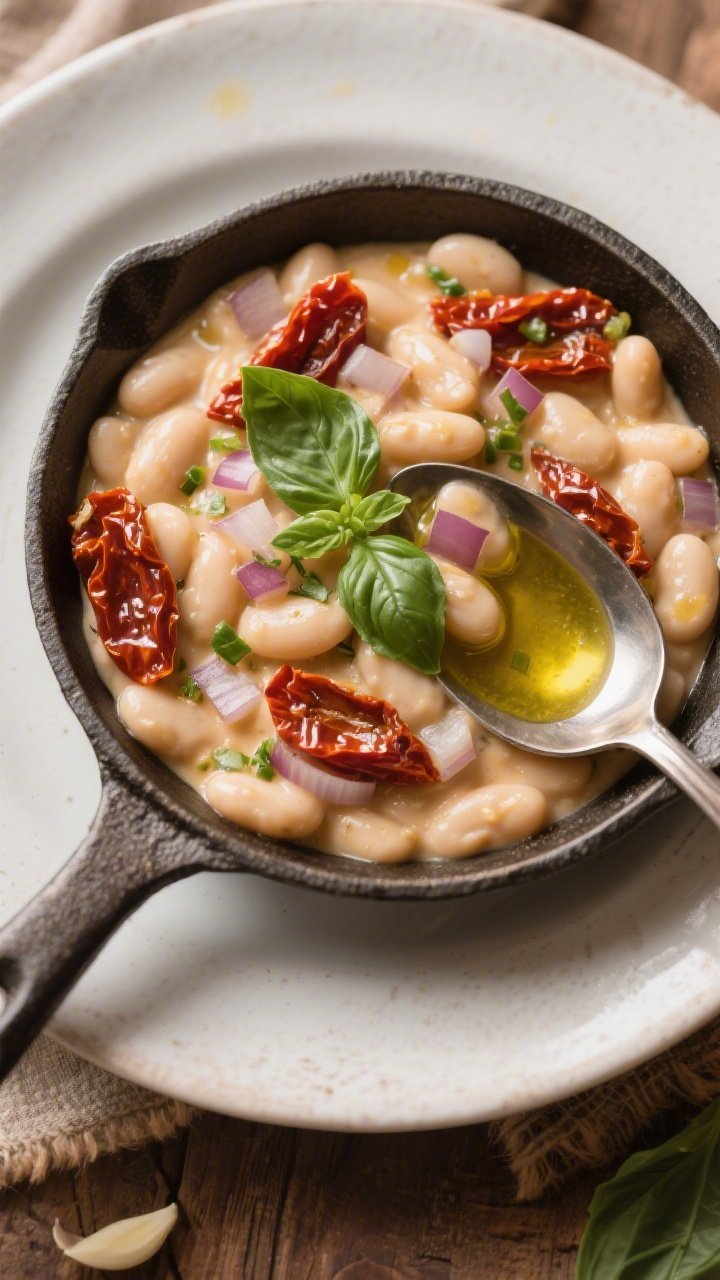 Straight-on plated shot of creamy Tuscan white bean skillet: cannellini beans simmered in a silky sauce with sliced oil-packed sun-dried tomatoes, diced onion, and minced garlic, garnished with torn basil; served in a shallow skillet with a drizzle of olive oil and a spoon showing the creamy texture, warm rustic styling.