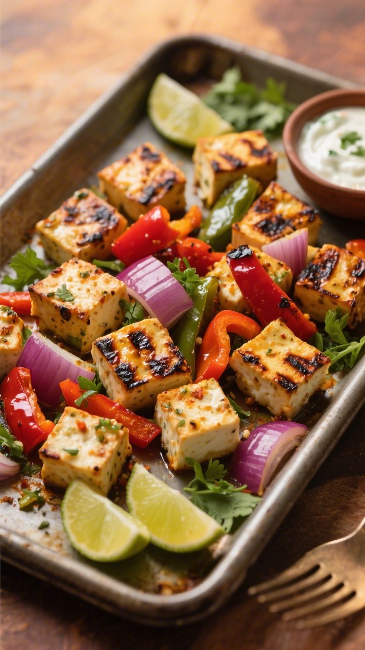 Straight-on plated shot of paneer tikka sheet pan with peppers and onions: charred 1-inch paneer cubes coated in yogurt-spice marinade, blistered bell pepper chunks and red onion wedges, all with smoky tikka markings; served on a shallow platter with lime wedges, cilantro, and a small bowl of cooling yogurt raita; warm, tandoor-inspired color grading, inviting and aromatic.