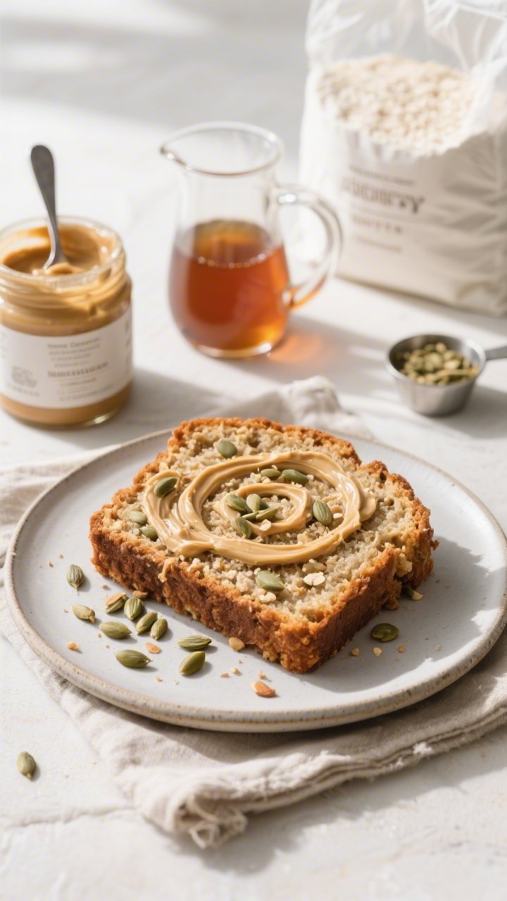 Straight-on plated slice of Almond Butter Crunch Banana Bread with hemp hearts: thick slice on a matte ceramic plate, almond butter ribbon swirled through the crumb, hemp hearts sprinkled on top for texture; a jar of creamy almond butter with a spoon, pure maple syrup in a glass pitcher, white whole wheat flour bag, and a small scoop of unflavored whey in the background; bright, clean daylight with soft shadows, rustic linen napkin.