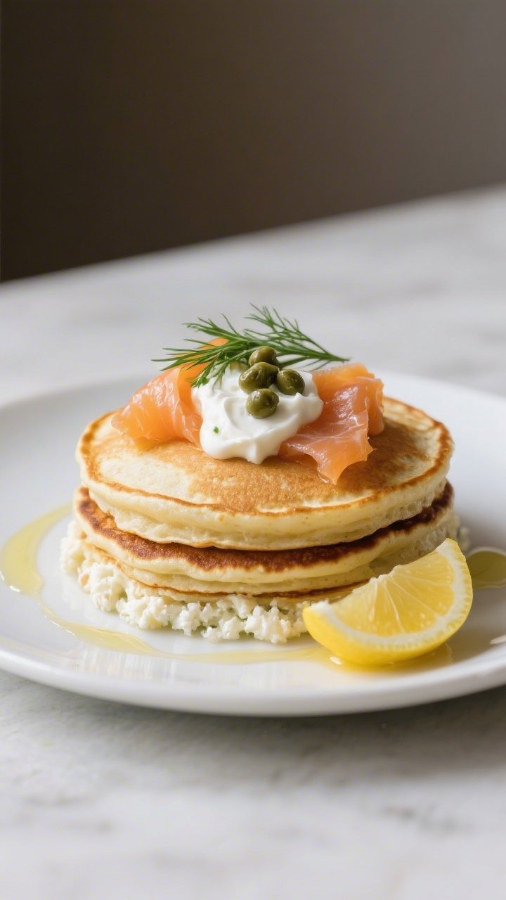 Straight-on plated stack of savory cottage cheese pancakes: golden-edged pancakes (cottage cheese, eggs, oat flour, baking powder, salt) stacked and topped with silky slices of lox, a dollop of Greek yogurt or crème fraîche, capers, and fresh dill; a lemon wedge on the side; presented on a matte white plate with light olive oil sheen, crisp, elegant brunch mood.