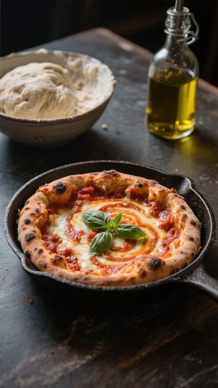 Straight-on shot of a cast-iron skillet sourdough pizza with chewy-crisp crust, blistered edges brushed with olive oil; vibrant pizza sauce swirled, melted cheese bubbling, a few basil leaves for color; include a side bowl of shaggy dough (sourdough discard, flour, warm water, baking powder, salt) and a drizzle bottle of olive oil; moody pizzeria lighting.