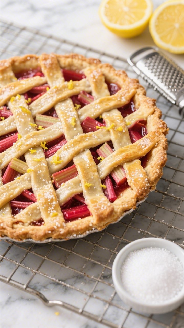 Straight-on shot of a lattice-topped rhubarb pie on a cooling rack, gleaming with lemon-sugar sparkle; braided golden lattice revealing vivid ruby rhubarb filling thickened with cornstarch, flecks of lemon zest visible; styled with a zester, halved lemons, and a small bowl of granulated sugar to the side; crisp 50mm look with shallow depth of field, set on a marble countertop.