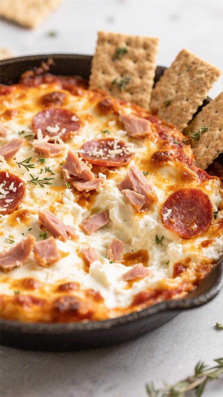 Straight-on shot of cottage cheese pizza dip in a small oven-safe skillet: whipped cottage cheese base marbled with pizza sauce, melty part-skim mozzarella pulls, flecks of grated Parmesan on top, and chopped turkey pepperoni nestled into the cheese; broiled, bubbly, and browned spots, served with whole-grain cracker dippers and a sprinkle of dried oregano; warm, cozy, healthier pizza-night mood.