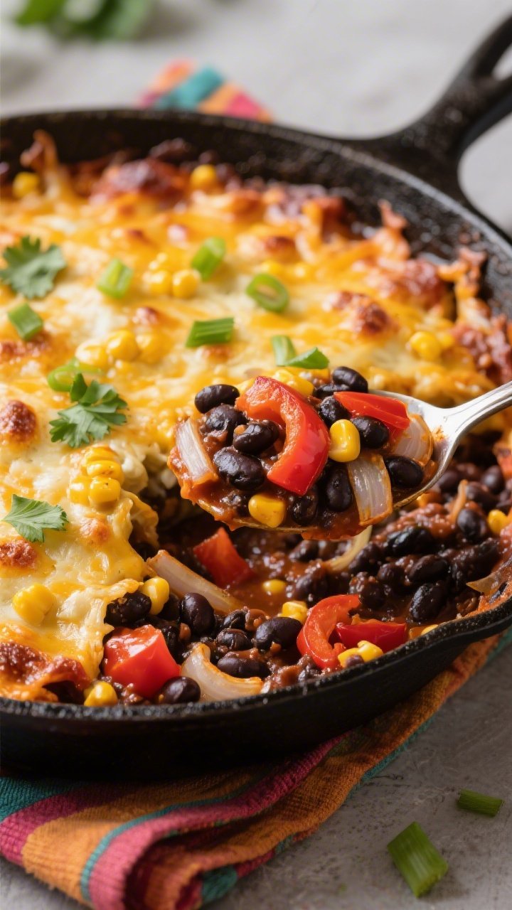 Straight-on skillet shot of a baked black bean enchilada casserole: saucy black beans and fire-roasted tomatoes layered with sautéed onion, red bell pepper, and garlic, crowned with a bubbly cheesy corn topping (golden, slightly blistered), sprinkled with scallions and cilantro; cast-iron skillet on a colorful napkin, a spoon lifting a hearty portion to reveal the saucy interior.