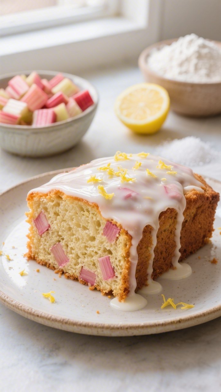 Straight-on slice shot of lemon–rhubarb pound cake on a ceramic plate, tight crumb with pink rhubarb bits throughout; glossy buttermilk glaze dripping down the sides, lemon zest sprinkled on top; ingredients styled behind: a bowl of diced rhubarb tossed with sugar, all-purpose flour, baking powder/soda, and a cut lemon; soft window light for a clean bakery feel.