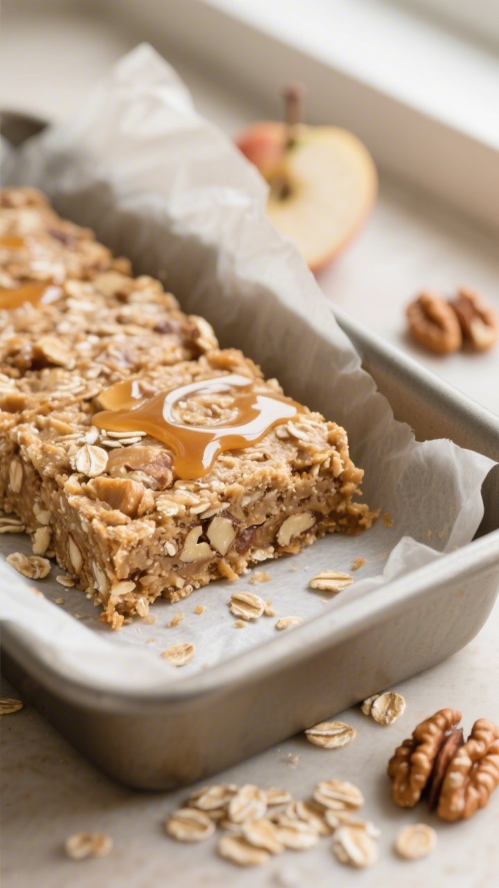 Straight-on slice shot of maple walnut no-bake oat bars on a parchment-lined loaf pan: dense bars featuring rolled oats, chopped walnuts, almond butter, pure maple syrup, applesauce, vanilla, cinnamon, and a pinch of salt; clean, sharp edges with visible nut and oat texture, a light brush of maple on top for sheen; a few walnut pieces and oats scattered, warm neutral background, soft window light.