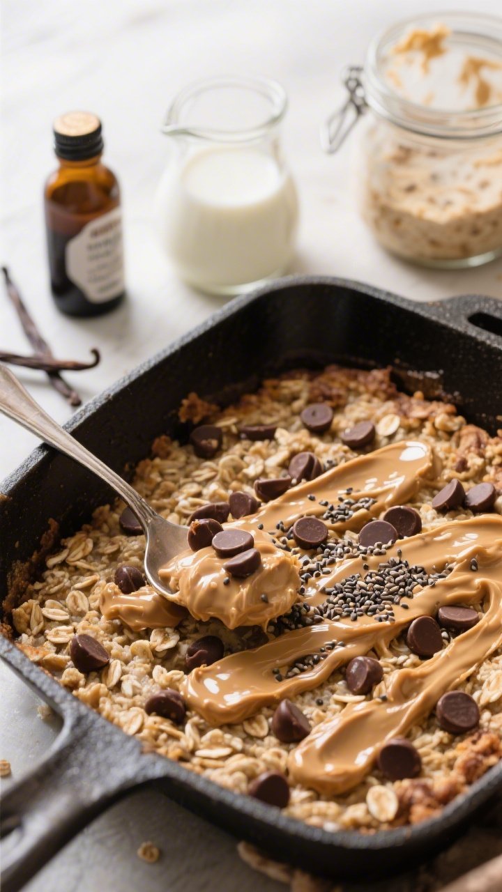Straight-on, spoon-in-pan shot of peanut butter chocolate chip power oatmeal bake, melty chocolate chips pooled on top, glossy runny natural peanut butter ribbons, chia seeds sprinkled for texture; vanilla extract bottle and a small jug of milk in the background with a jar of sourdough discard; energizing, hearty vibe with warm highlights.