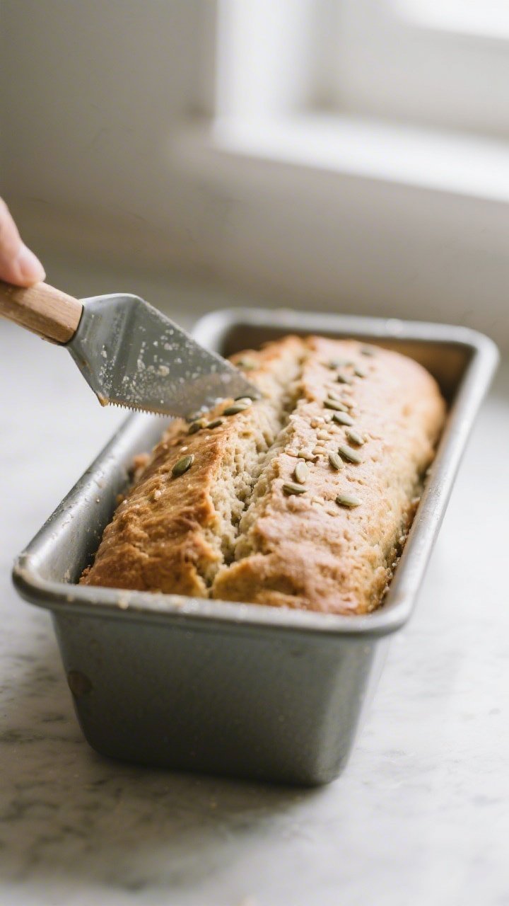 5-inch loaf pan with a damp spatula, showing the hydrated psyllium-enriched texture; a precise shall