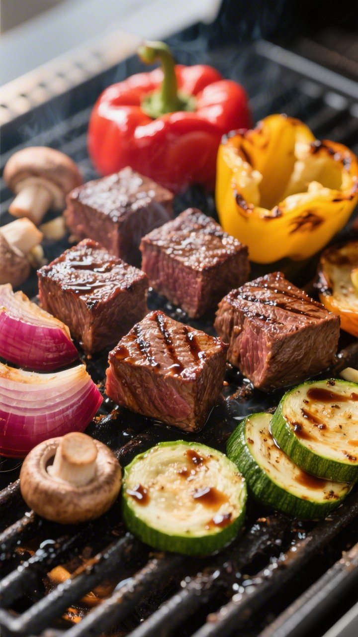 5-inch steak cubes and blistered red/yellow bell peppers, glossy red onion wedges, zucchini half-moo