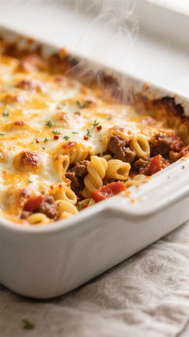 Close-up detail: A bubbling corner of Cheesy Beef & Macaroni Casserole just out of the oven, showing