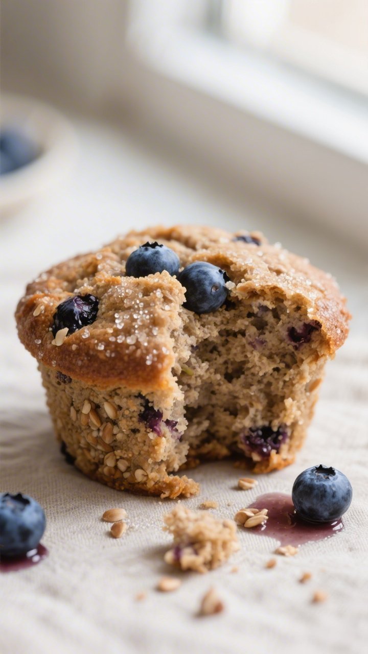 Close-up detail: A freshly baked buckwheat blueberry muffin torn open to reveal a tender, moist crum