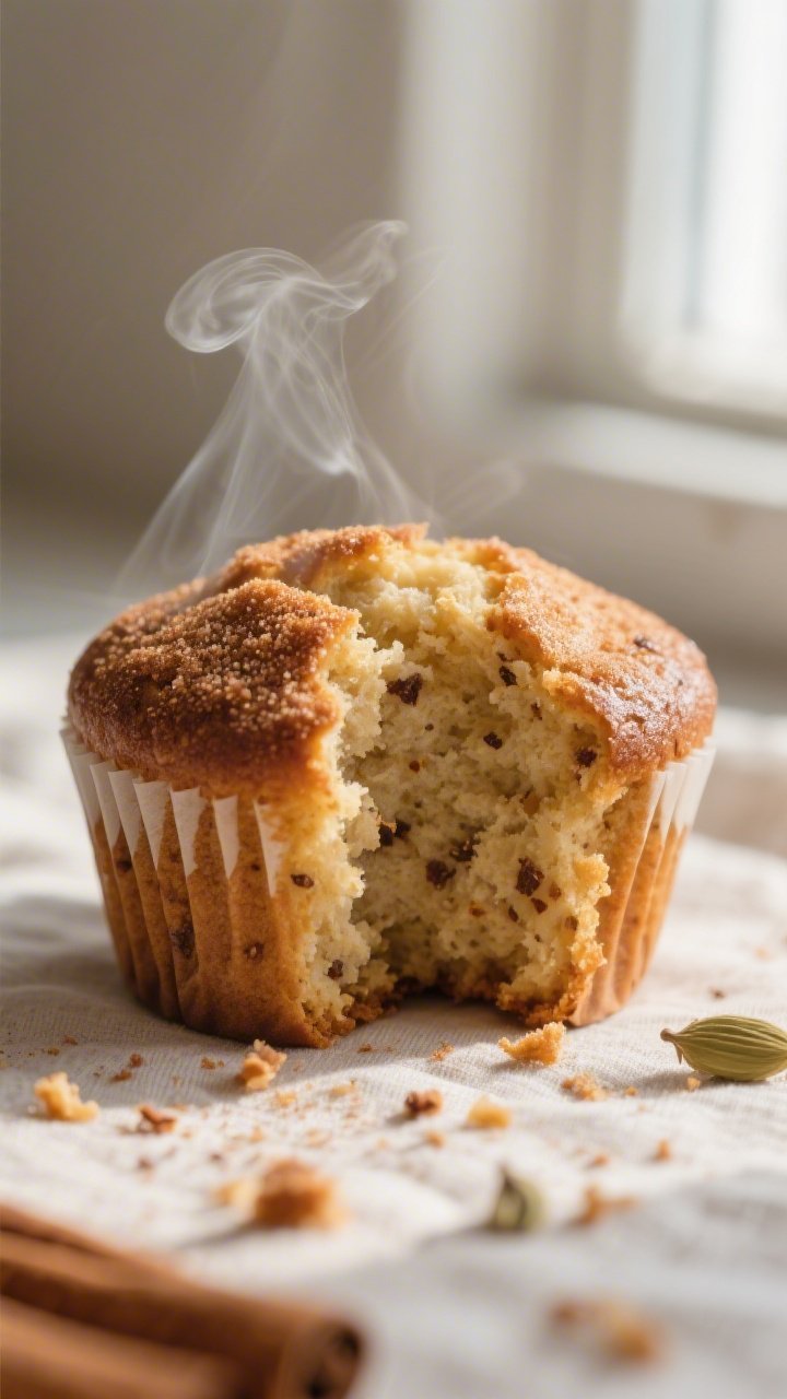 Close-up detail: A freshly baked chai spice muffin torn open to reveal a tender, bakery-style crumb 