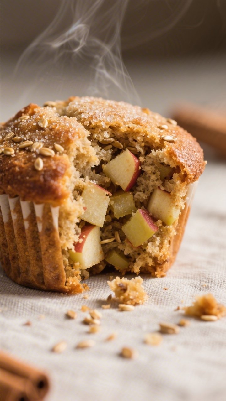 Close-up detail: A freshly baked flaxseed meal apple cinnamon muffin torn open to reveal a moist, te