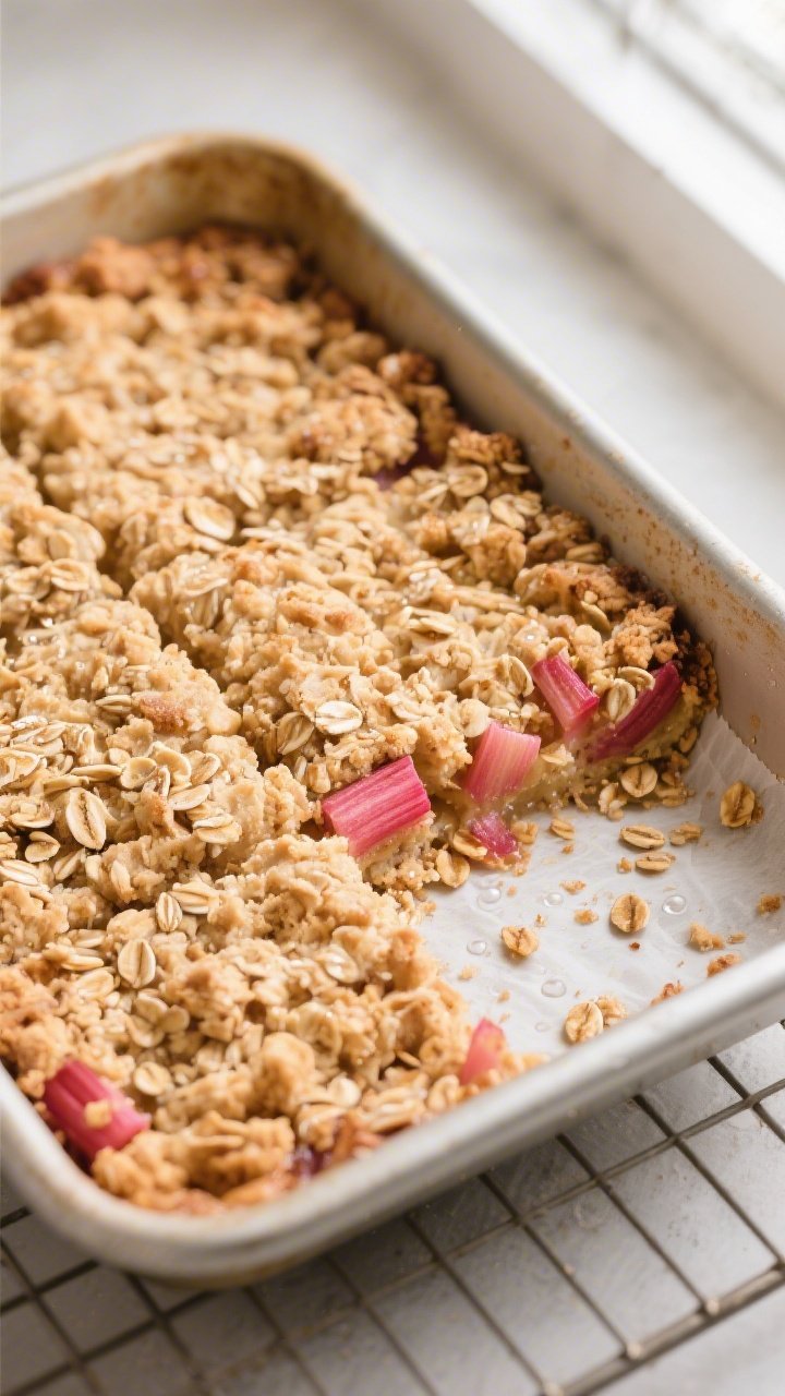 Close-up detail: A freshly baked pan of rhubarb crumble squares just out of the oven, showing a deep